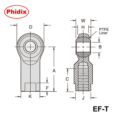 EM-T/EF-T Series 2 phần PTFE-Lined Rod Ends - Thiết kế tự bôi trơn với Electroless Nickel Plating để giảm mài mòn và bảo trì hiệu quả chi phí